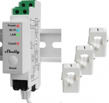 Shelly Pro 3EM - třifazový elektroměr s měřením spotřeby, Wi-Fi, Bluetooth, LAN, 3x120A